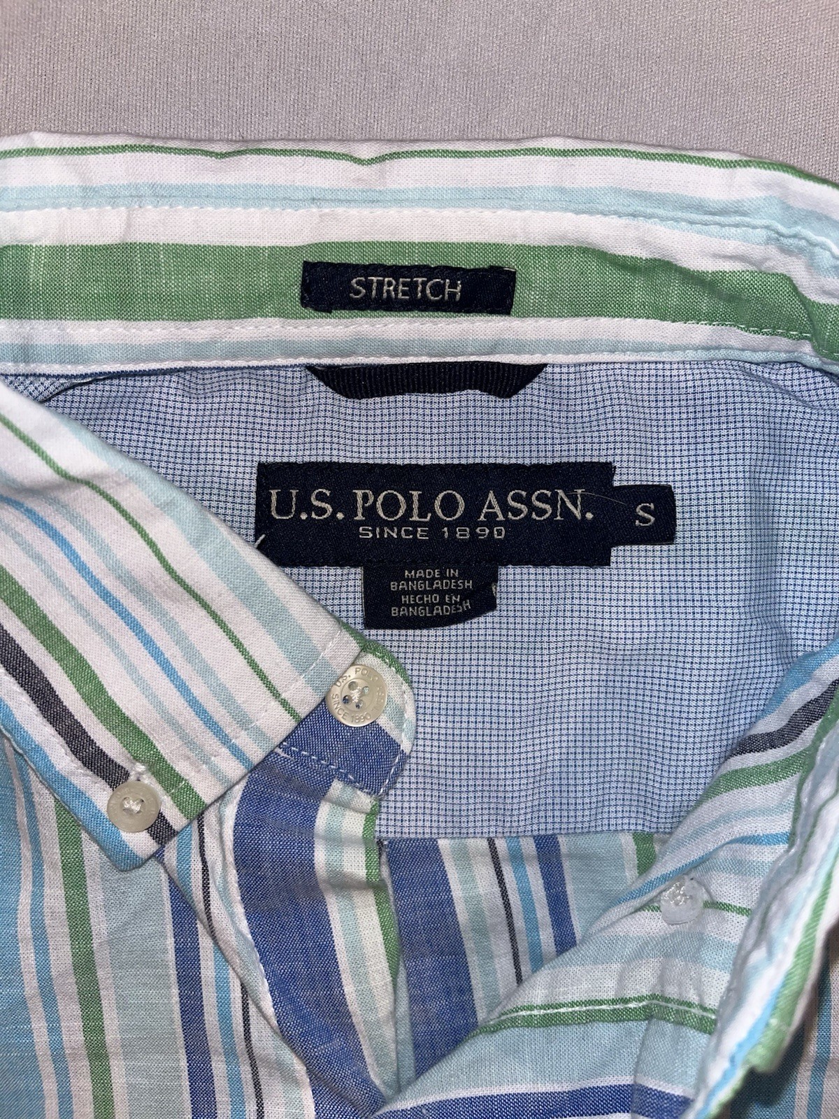 U.S. Polo Assn. Striped Button-Up Shirt S Blue Green White Short Sleeve Stretch