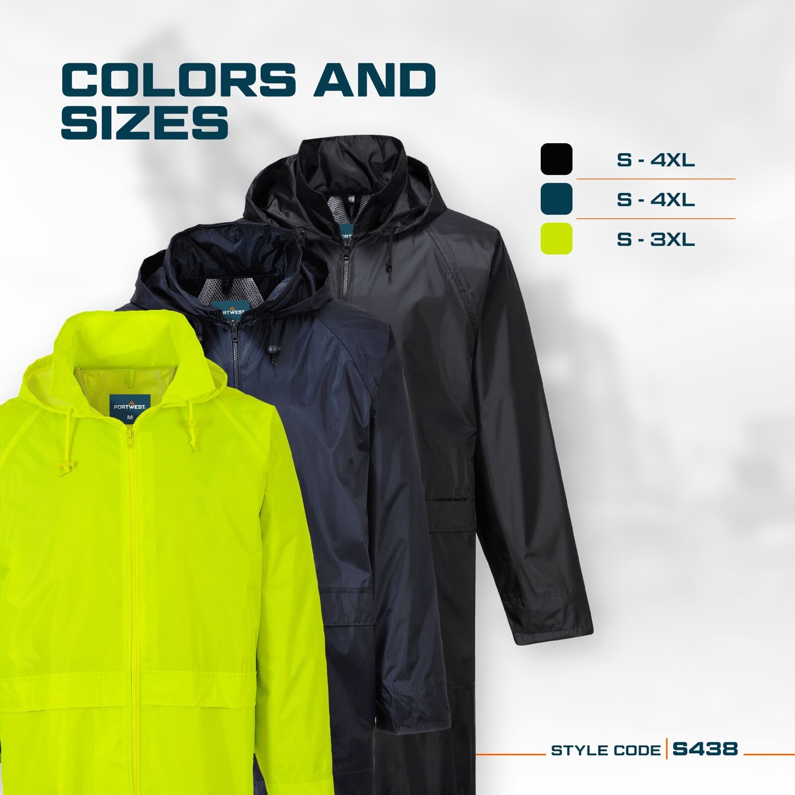 Portwest S438 Men’s Waterproof Raincoat – Lightweight Long Rain Jacket with Hood