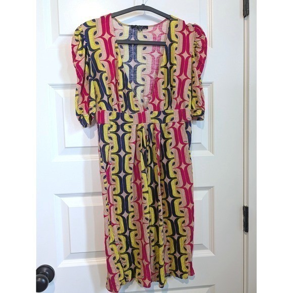 t-bags Los Angeles Geometric Print V-Neck Empire Waist Rayon Dress Pink Yellow M