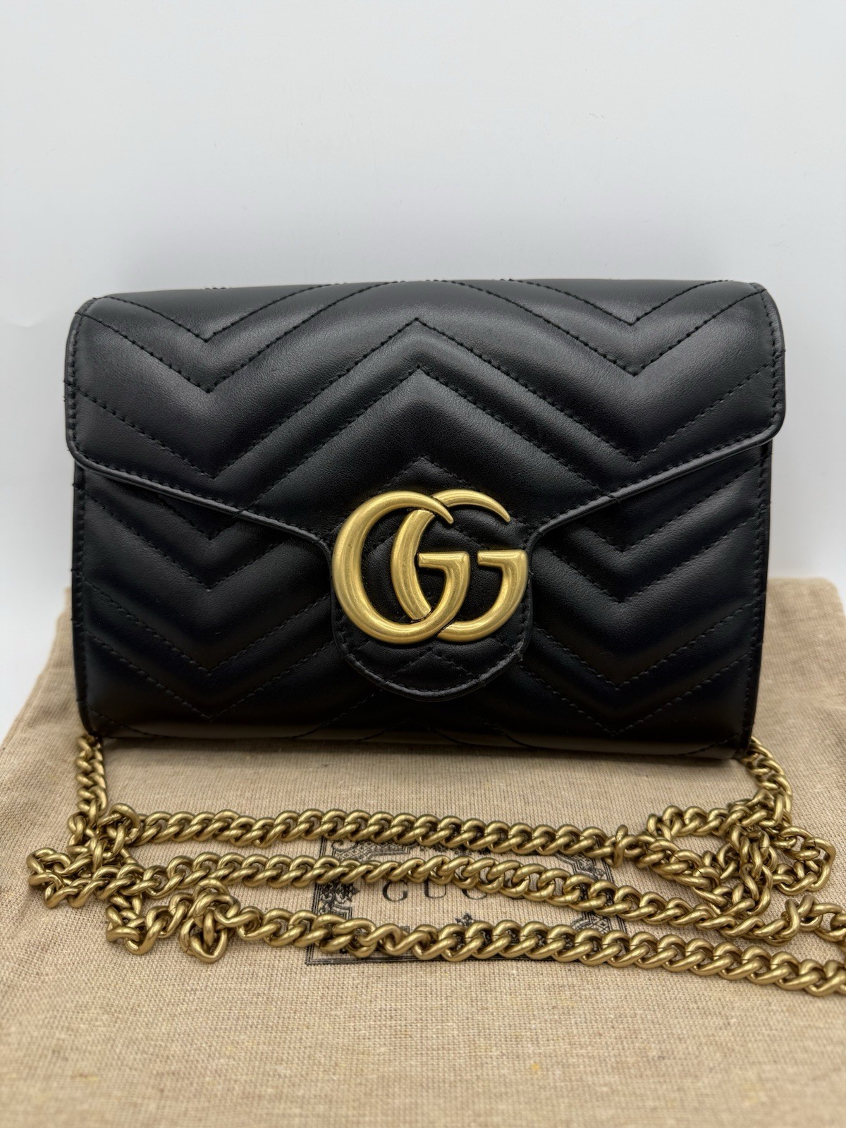 GUCCI GG Marmont Chain Shoulder Wallet Bag 474575 Black Leather Ladies GUCCI
