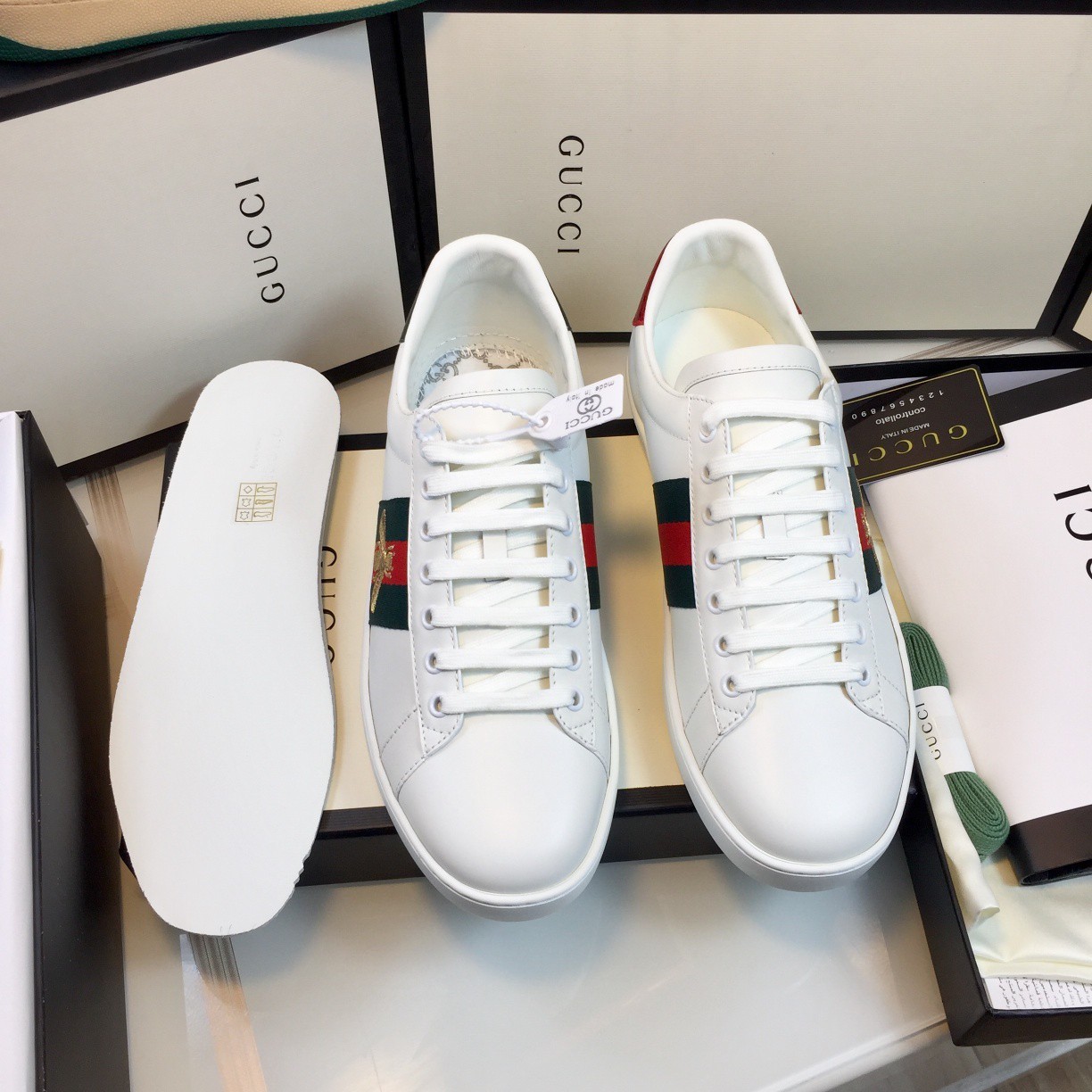 Men Gucci Ace White Leather Green Red Snake Heel Gold Bee Designer Sneaker