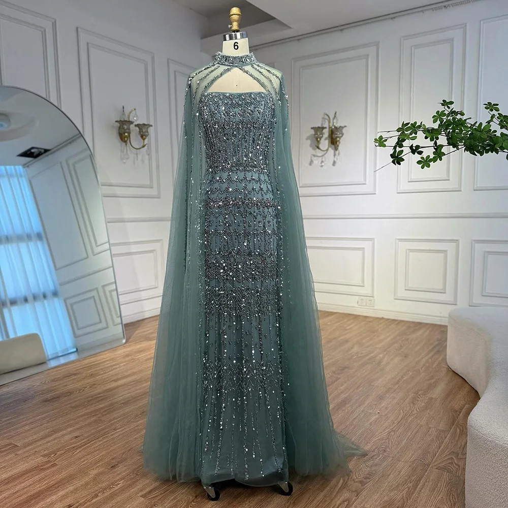 Beaded Mermaid Evening Dress, with Detachable Cape and Long Sleeve Luxury Gown-