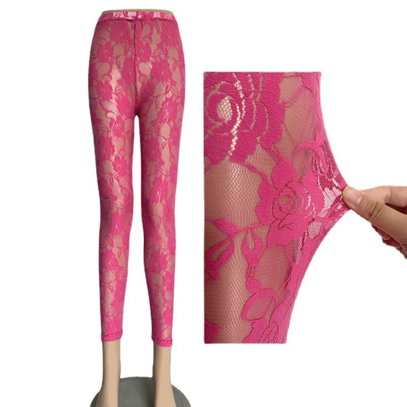 Womens Sexy Rose sheer mesh leggings Skinny Stretchy Capris Party Pants Clubwear