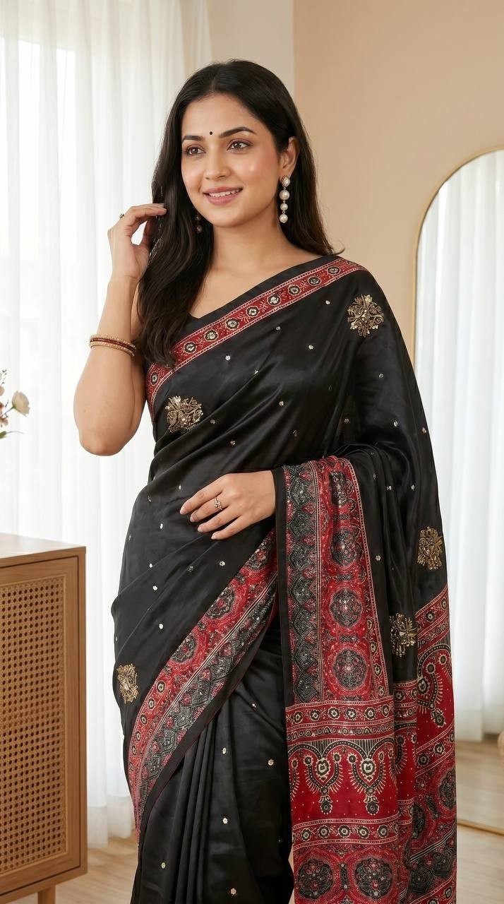 Women’s Ajrakh Print Satin Saree Mirror Work Tassel Pallu Ethnic Party Wear Sari