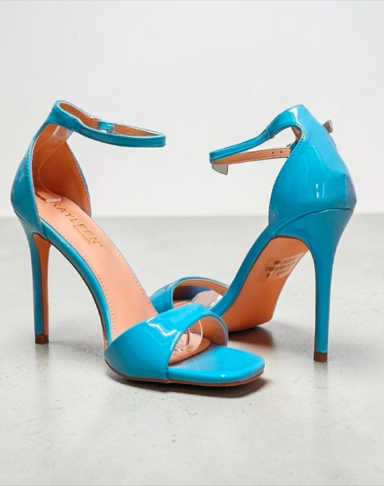 Elegant Blue Patent Leather Stiletto Heels With Ankle Strap & Open Toe For Women