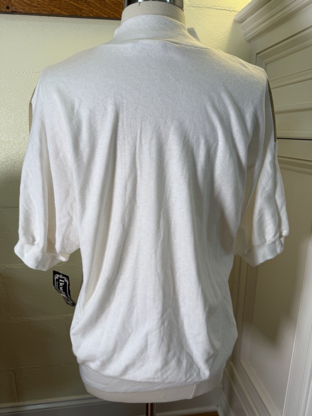 Vtg BonWorth Top Sz Medium White Tan Colorblock Mock Neck USA Made Retro 80s 90s