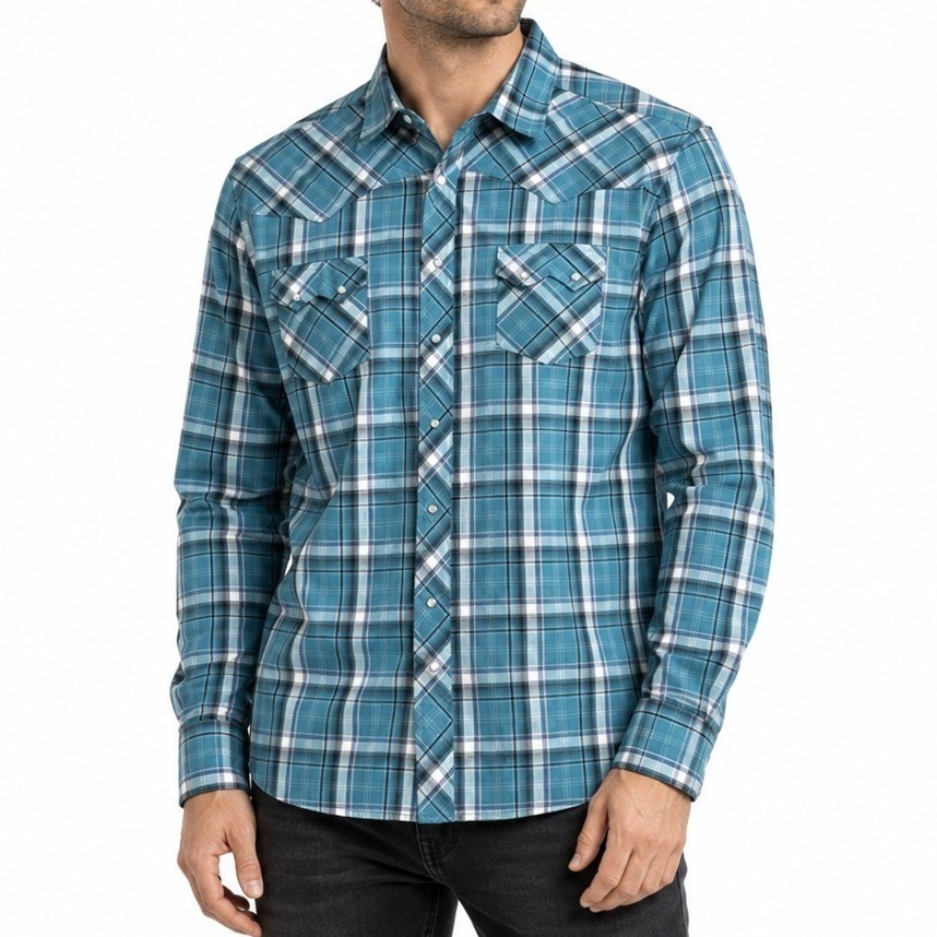 Wrangler Western Shirt Men 2XL Teal Plaid Pearl Snap Cowboy Country Workwear