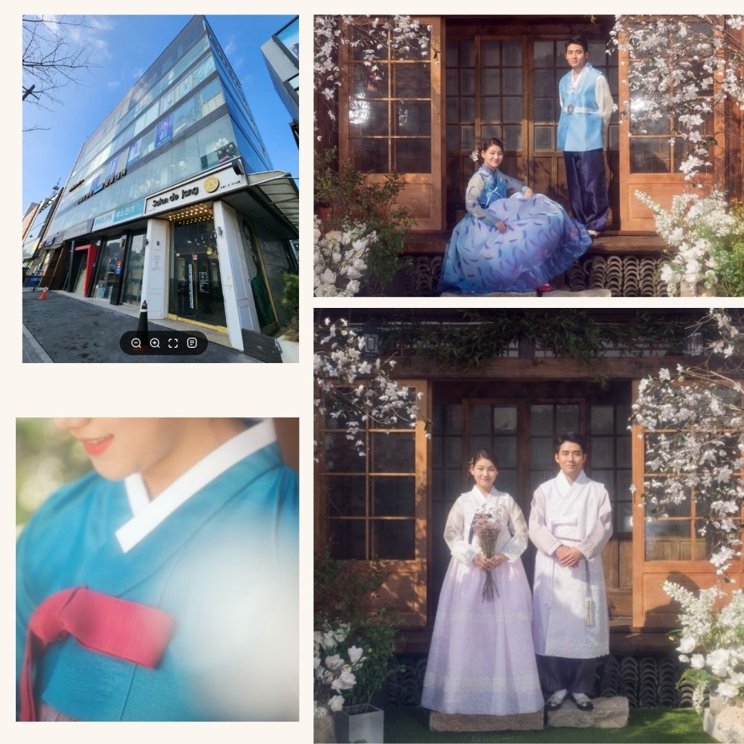 M Silk Traditional Korean Hanbok Set–Turquoise Blue Top/ Skirt with Floral Print