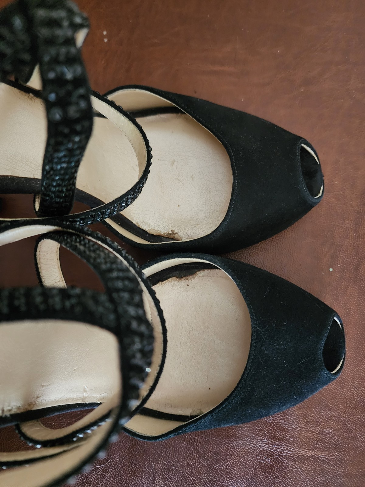Nine West Black Suede Strappy Peep Toe Ankle Strap Rhinestone Buckle 9M