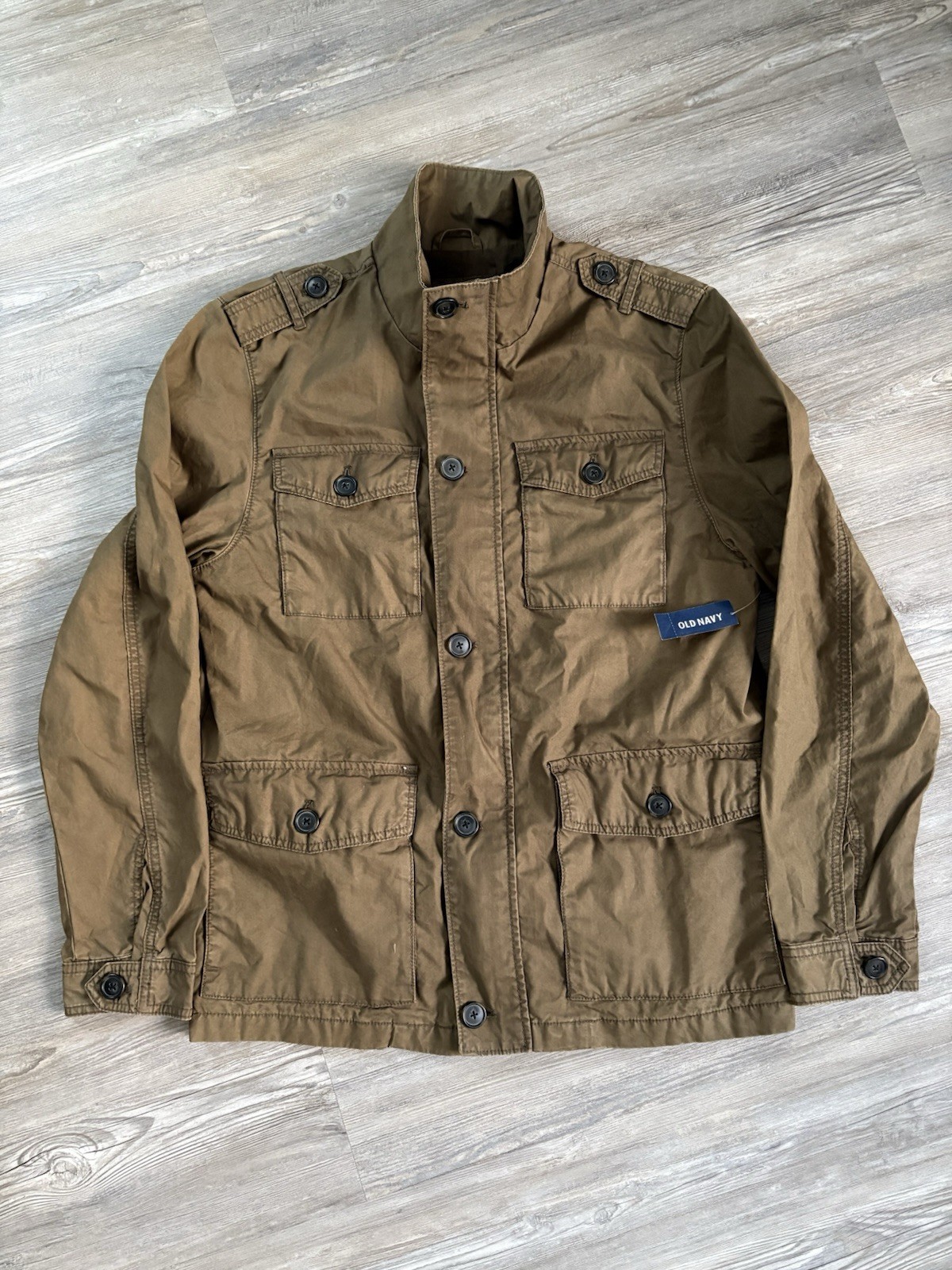 Old Navy Mens M Green Military Field Utility Jacket Pockets Epaulet Zip New