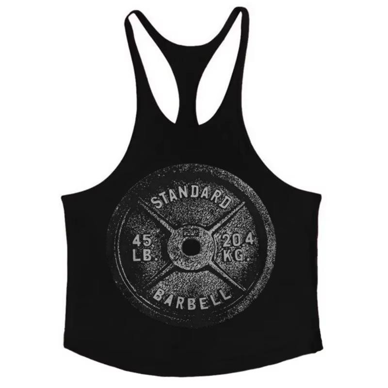 Men’s Y – Back Gym Stringer Tank – Barbell Plate Print, Breathable Cotton, Ideal