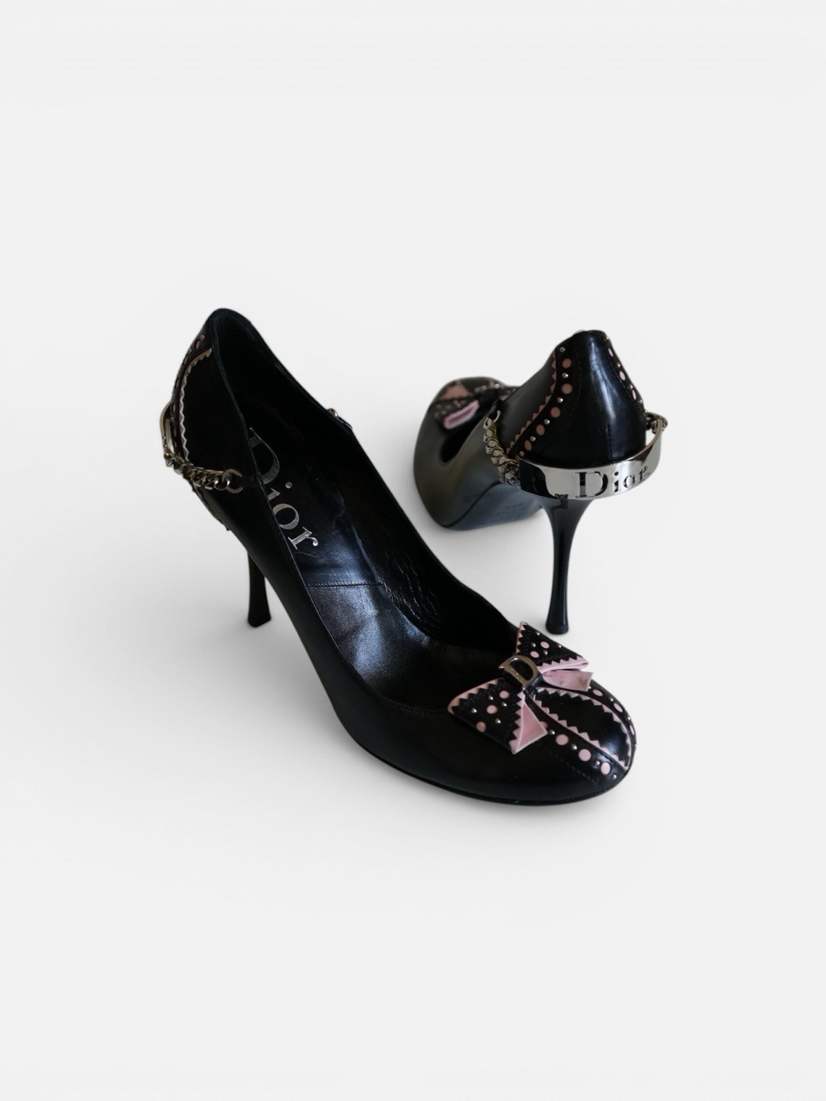 F/W 2004 Christian Dior W/ Logo Chain Pink Bow Pumps Heels VINTAGE