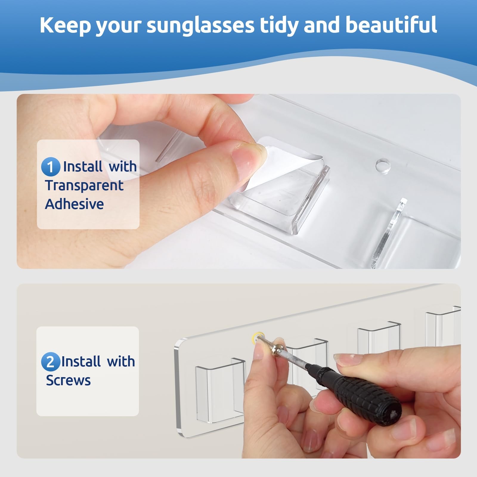 Meaocer Sunglasses Organizer 2 Pack, Wall Glasses Holder, Acrylic Clear