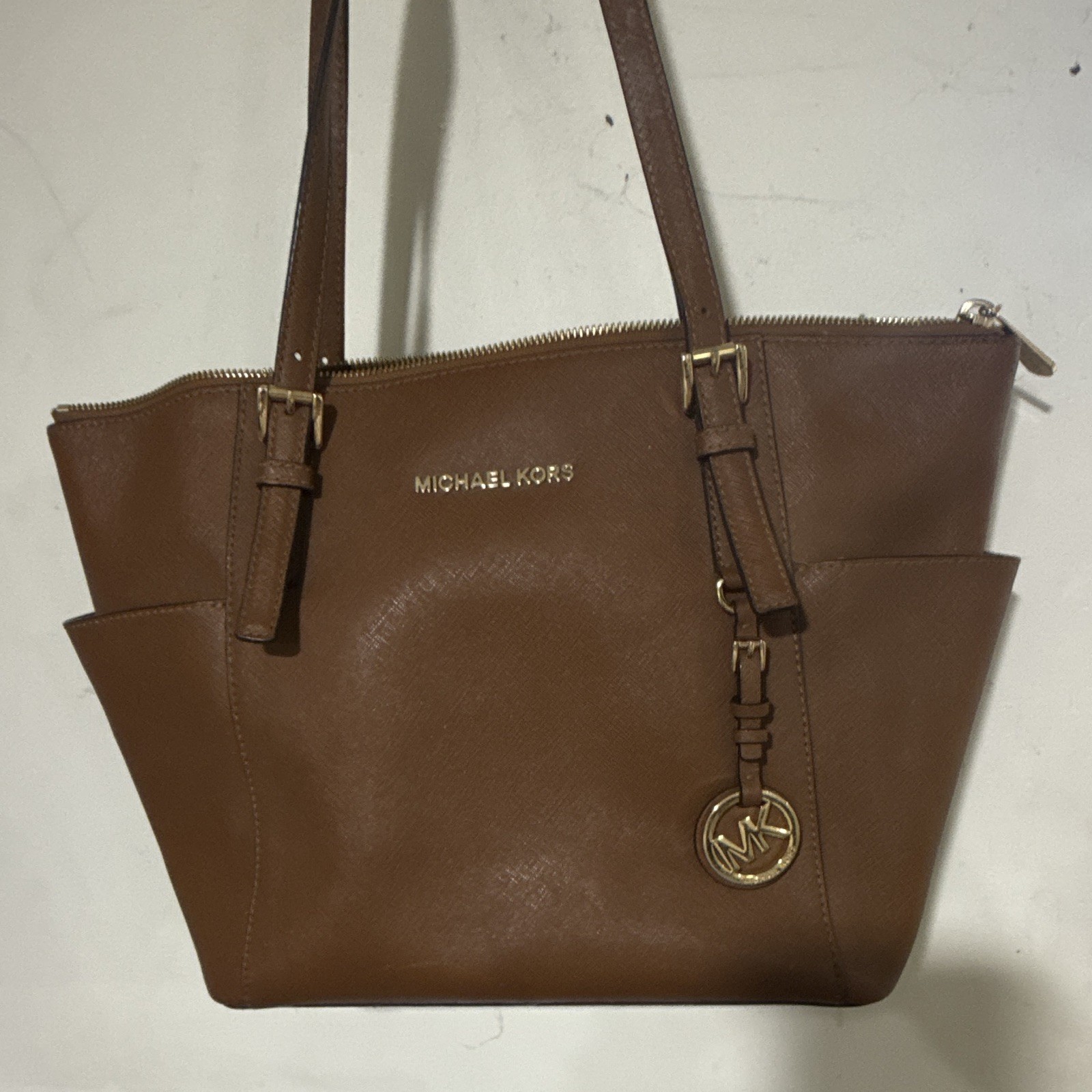 Michael Kors Brown Medium Tote Bag, Zip Top, Lined Pockets, Gold Charm