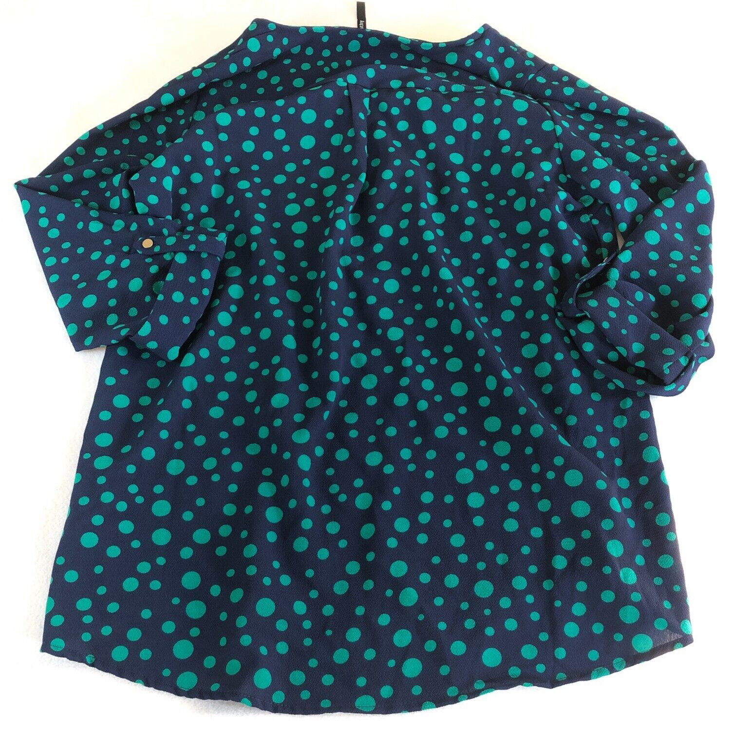 Cathy Womens Top Sz M Blue Polka Dot Front Zip 3/4 Sleeve Pockets Stretch NWOT