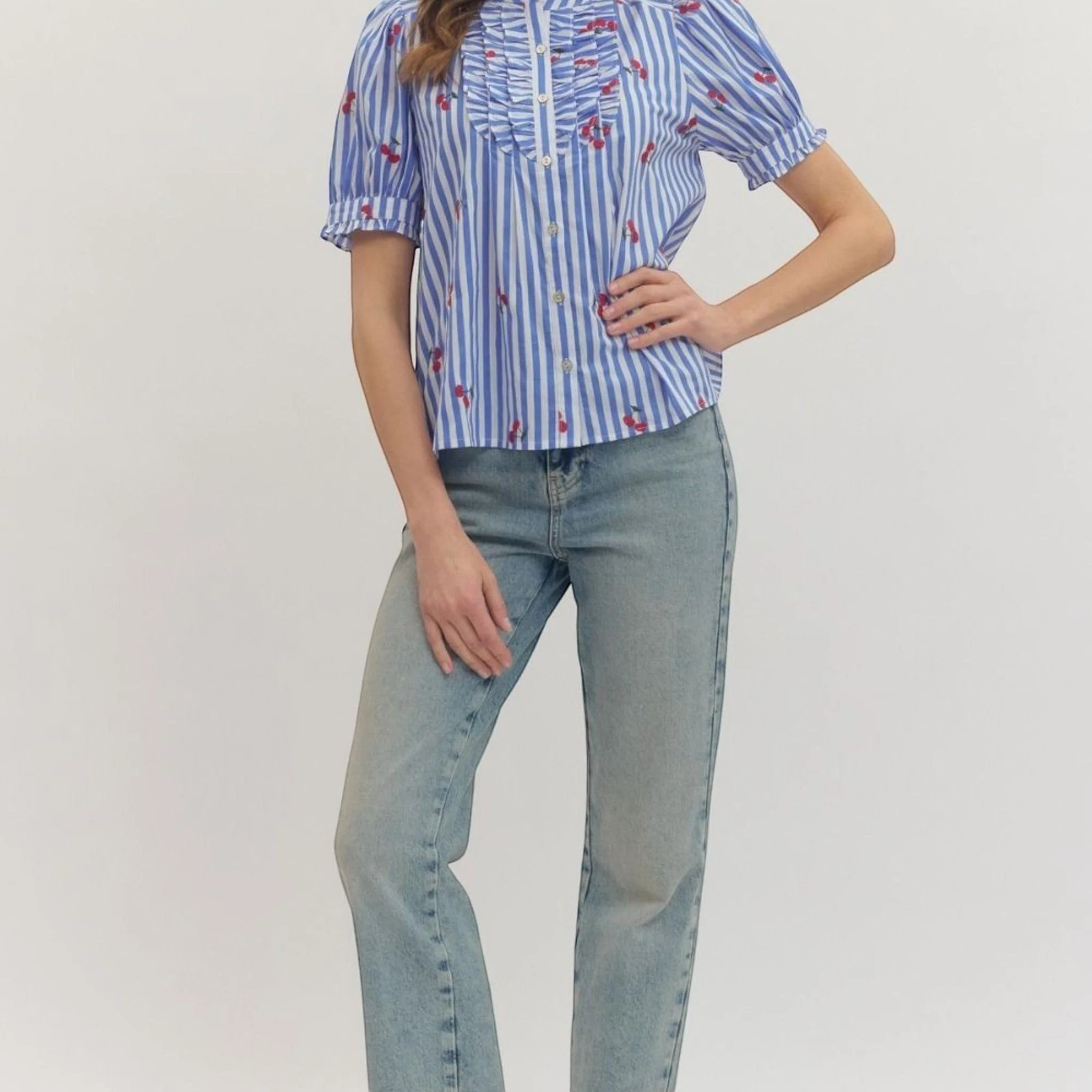 Entro Blue Striped Ruffle Bib Front Embroidered Cherries Puff Short Sleeve Top