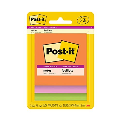Post-it Super Sticky Notes, 3×3 in, 3 Pads, 2x the Sticking Power, Bright Color