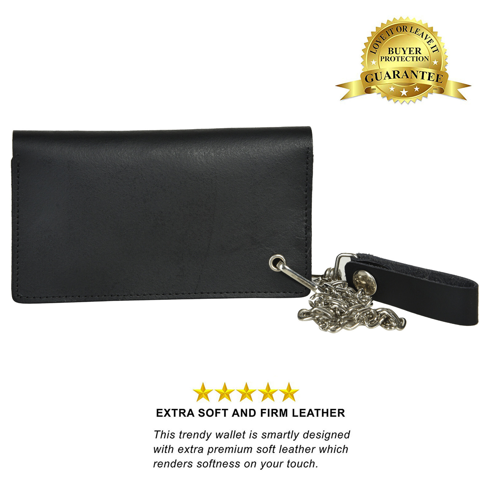 Black Genuine Leather Motorcycle Trucker Biker Chain Wallet With Inside Zipper