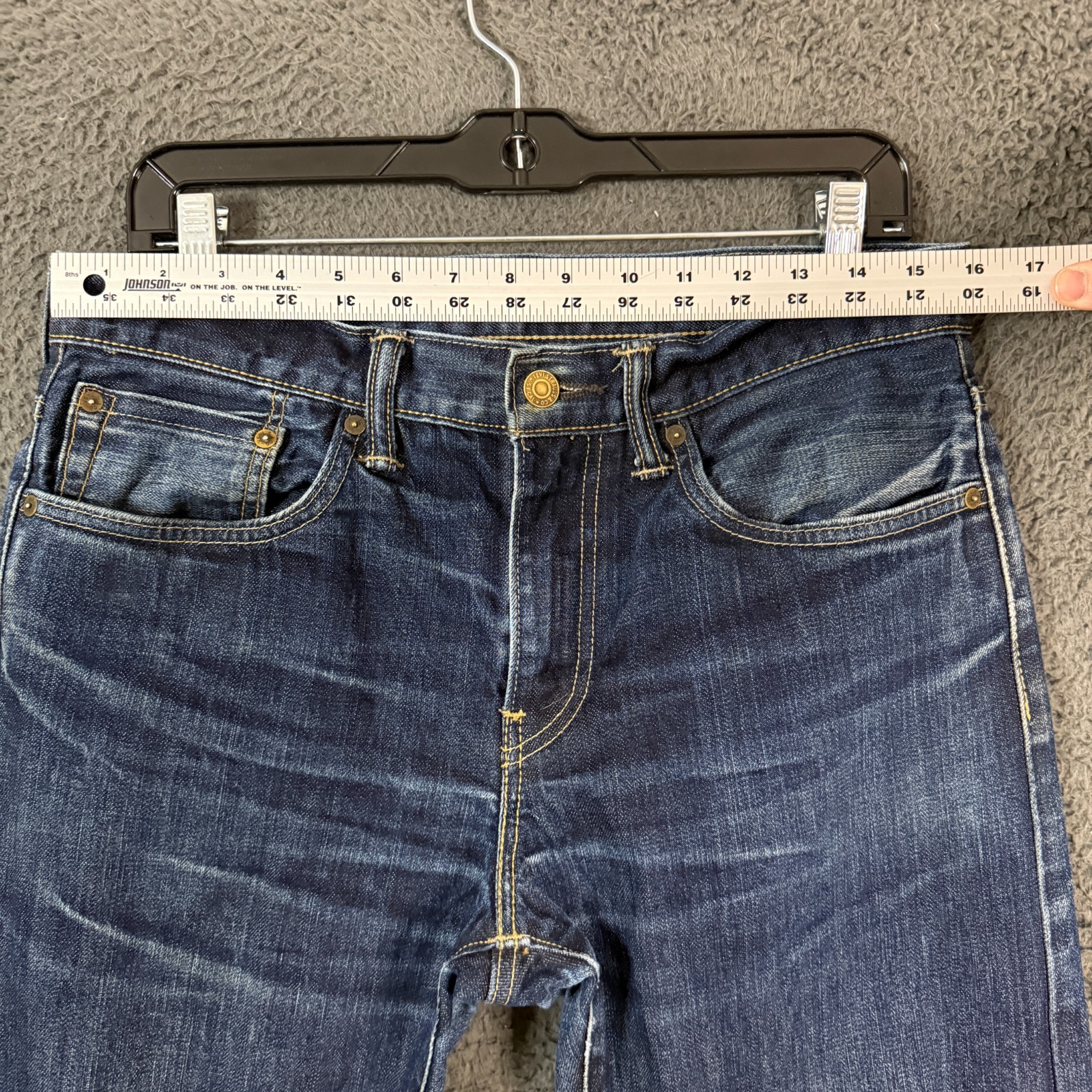 Levis Jeans Mens 32×34 Blue 513 Slim Fit Selvedge Dark Denim Whisker Distressed