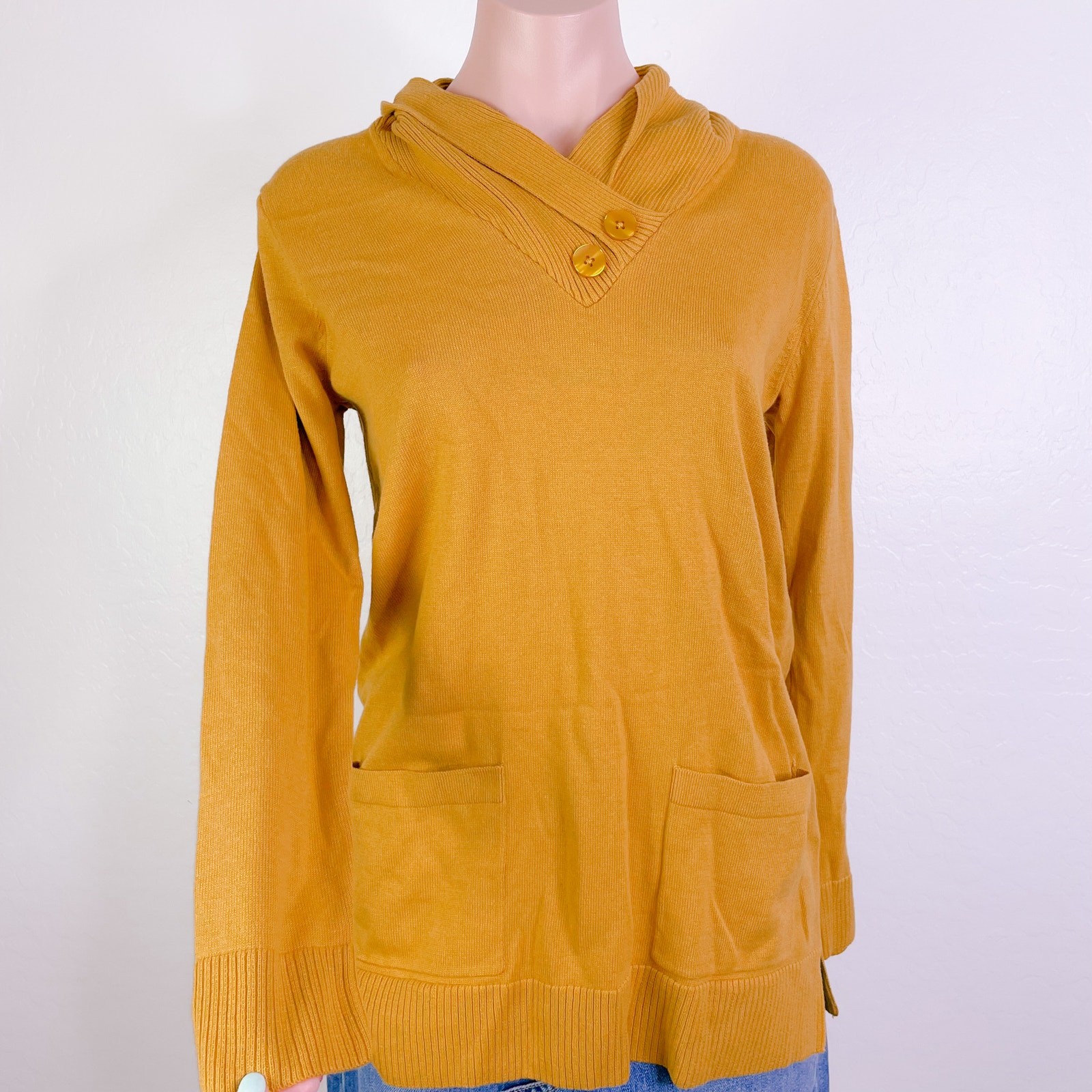 Jeanne Pierre Button Accent Cowl Neck Pullover Sweater Maple Gold size S NWT