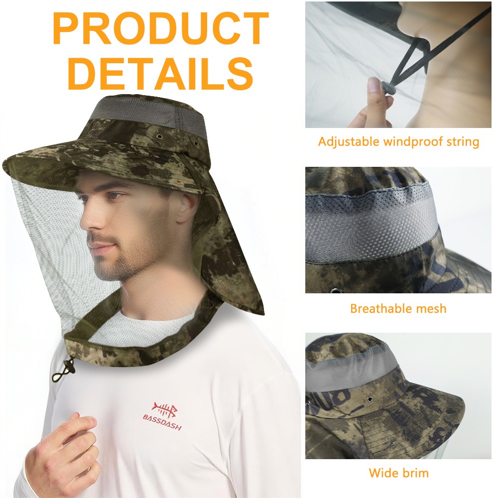 Outdoor Mosquito Sun Hat with Head Net & Neck Flap Wide Brim Cap UV Protection