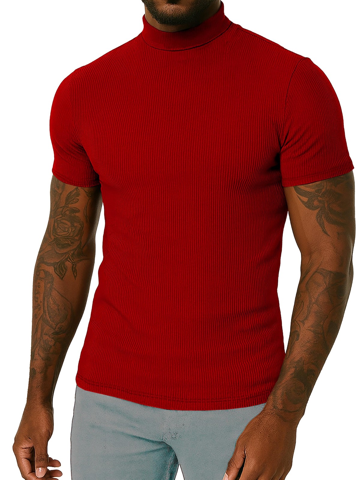 Men Mock Turtle Neck Shirt Slim Fit Short Sleeve Casual Ribbed Monak Turtleneck