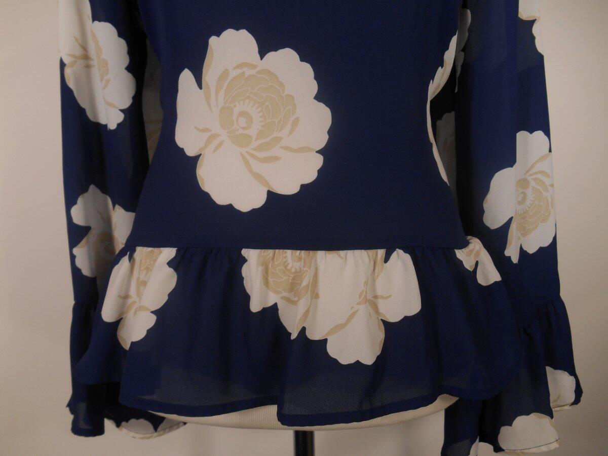 Beautiful Women’s Large A.N.A Blue Floral Design Long Sleeve Blouse – Ruffle Hem