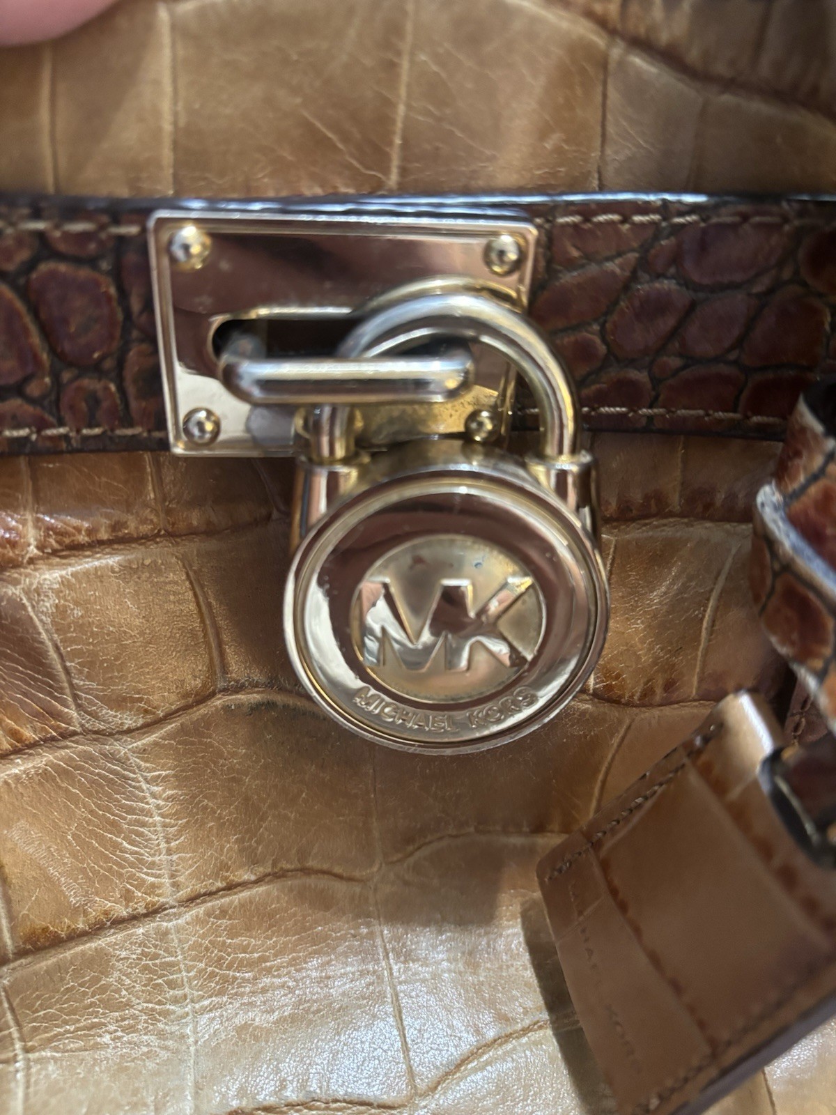 Michael Kors Brown Croc Embossed Satchel Top Handle Chain Strap Snap