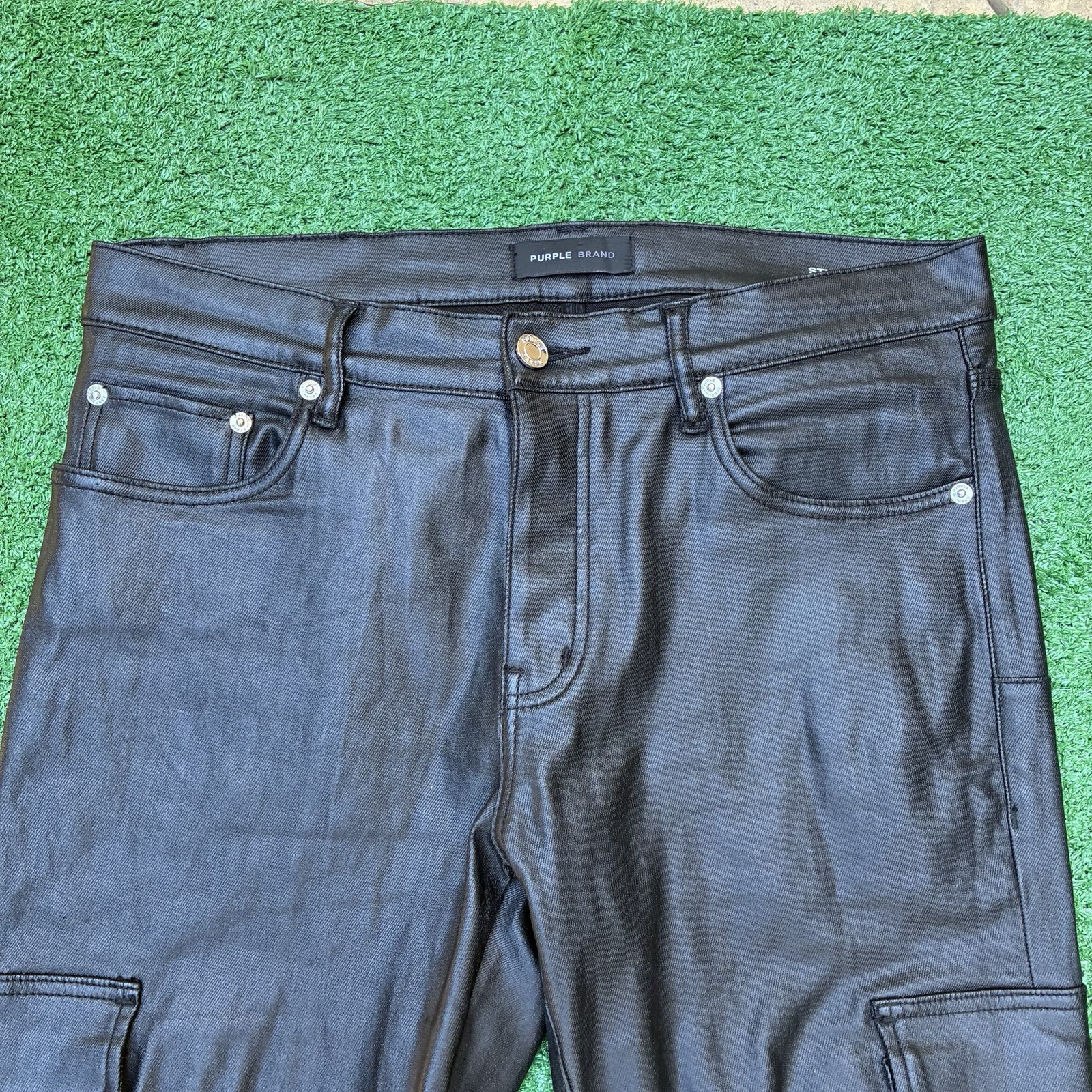 Purple Brand P004 Wax Coated Designer Cargo Jeans Button Fly Sz 33×32
