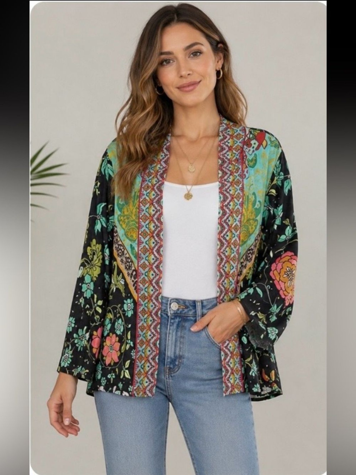 Blank London Boho Floral Print Open Front Kimono Cardigan One Size NWOT