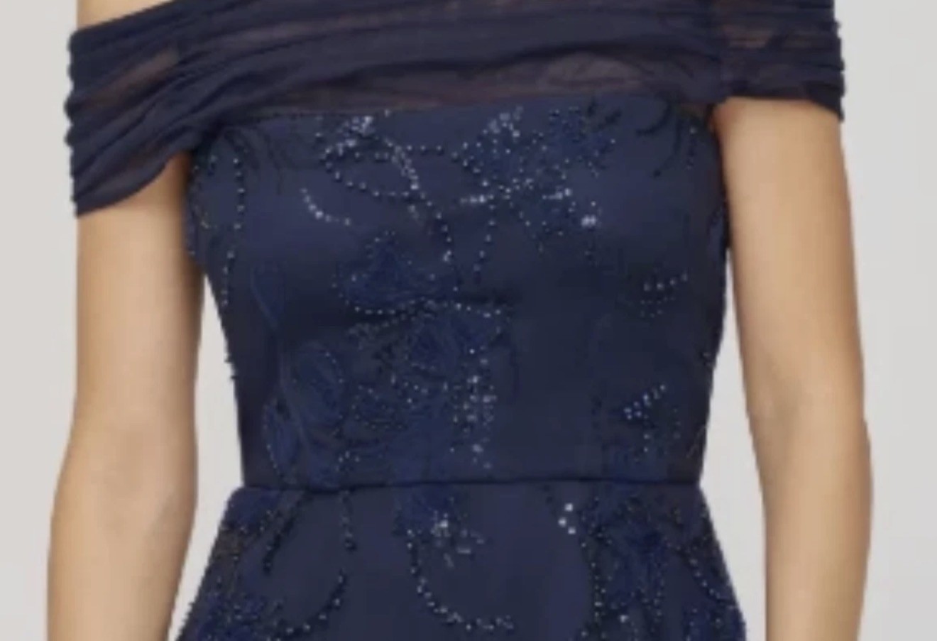 NWT J&S Collection Gemma Off Shoulder Navy beaded Cocktail Gown Dress