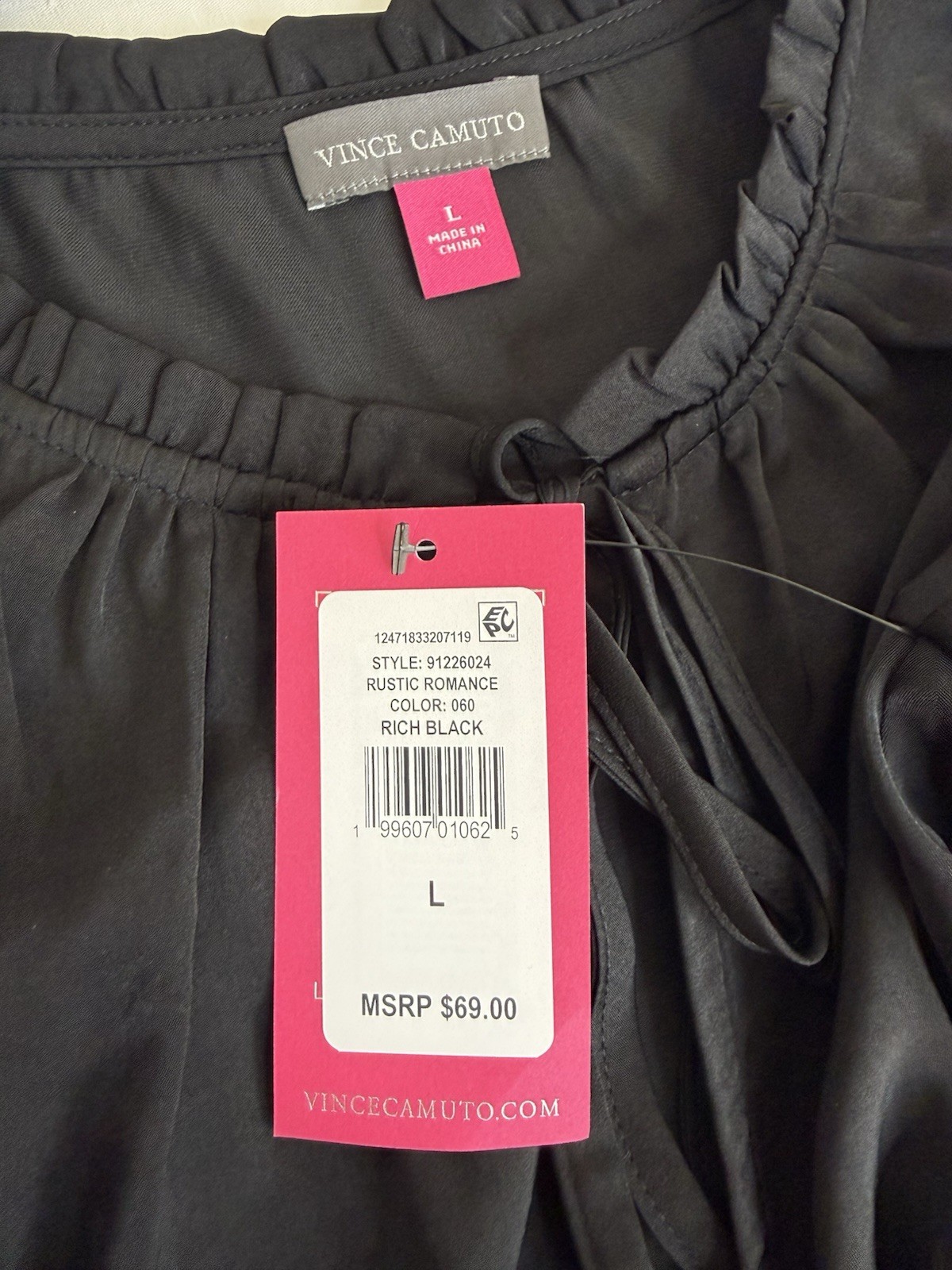 Vince Camuto Black Solid Ruffle Tie-Neck Keyhole Chiffon Blouse Women’s L