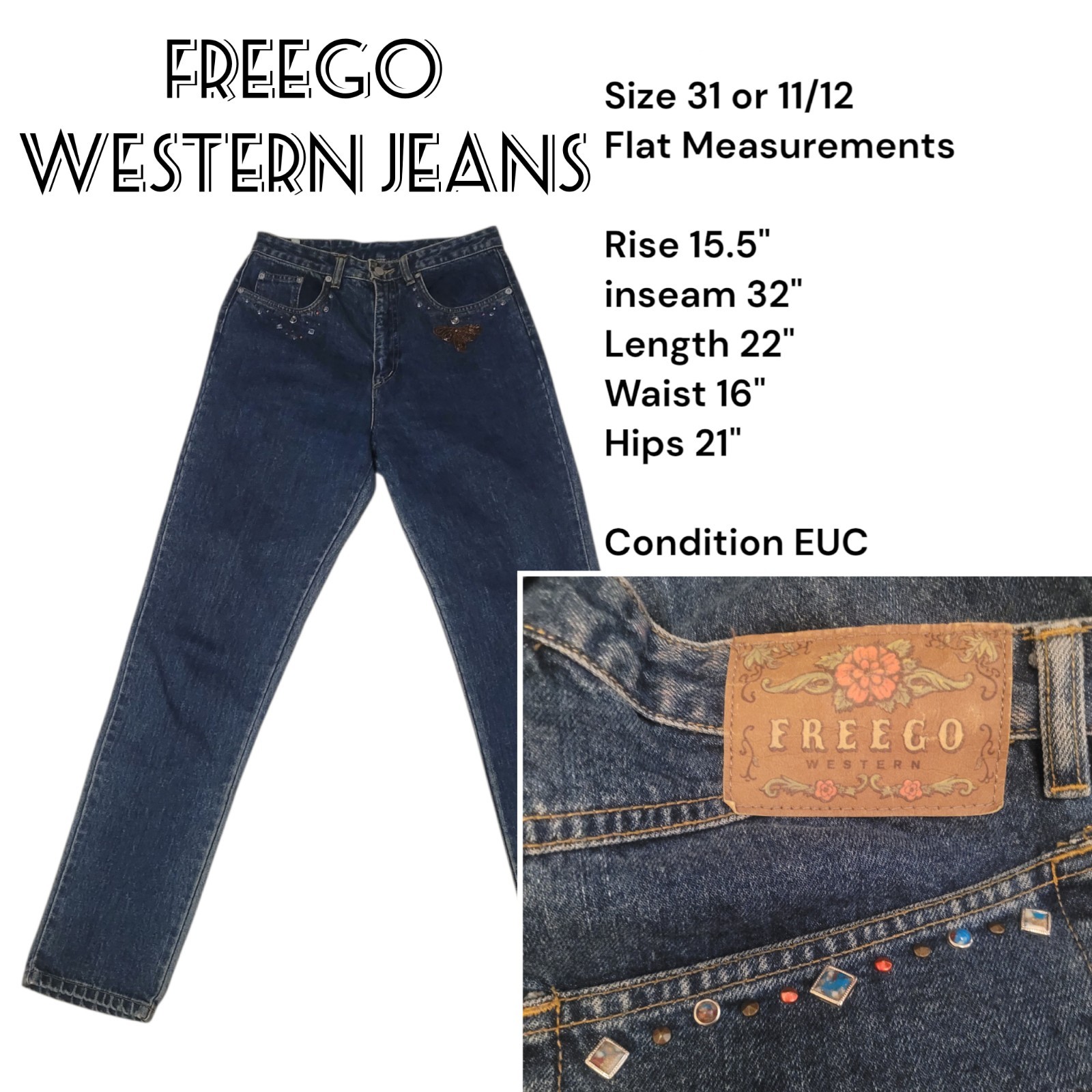 VINTAGE Freego Western High Waist Mom Jeans 31 – 11/12 – 80’s 90’s Gems Studded