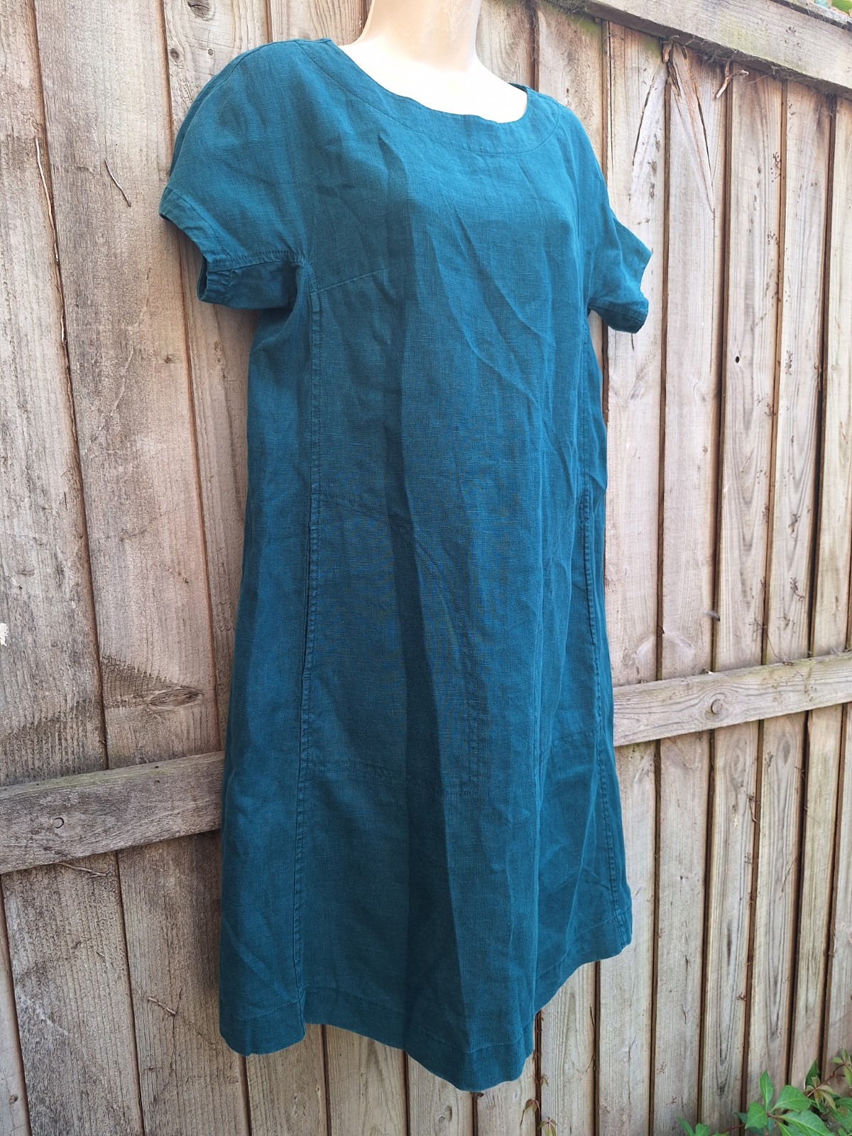 Seasalt Boxy Loose Fit Linen Teal Blue Green Shift Primary Dress UK 8 EU 36 US 4