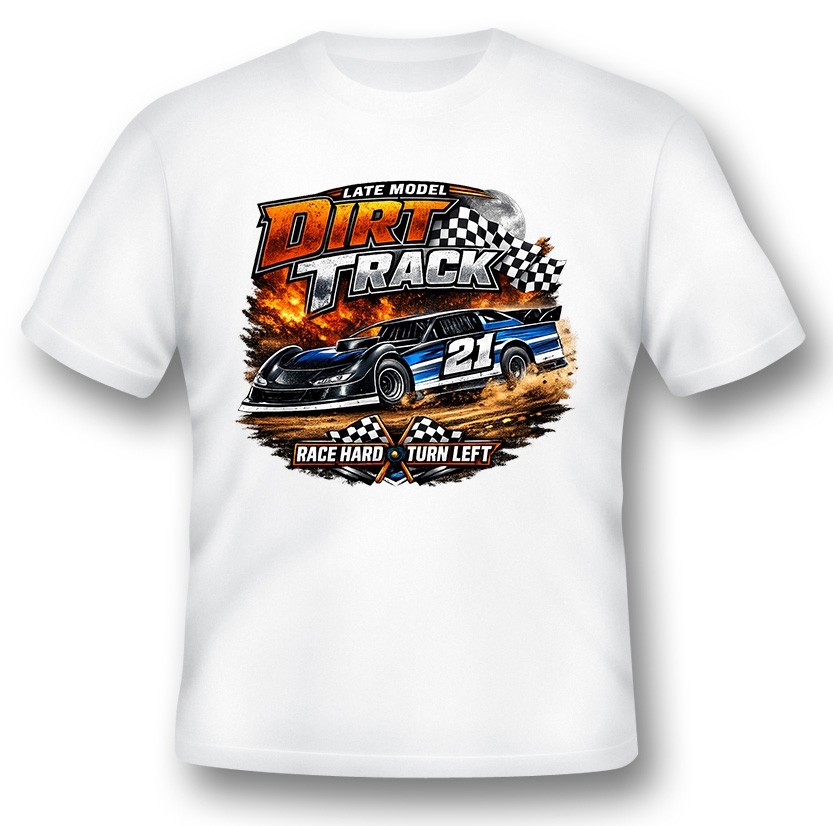 Late model dirt track racing race hard turn left black or white tee sprint car