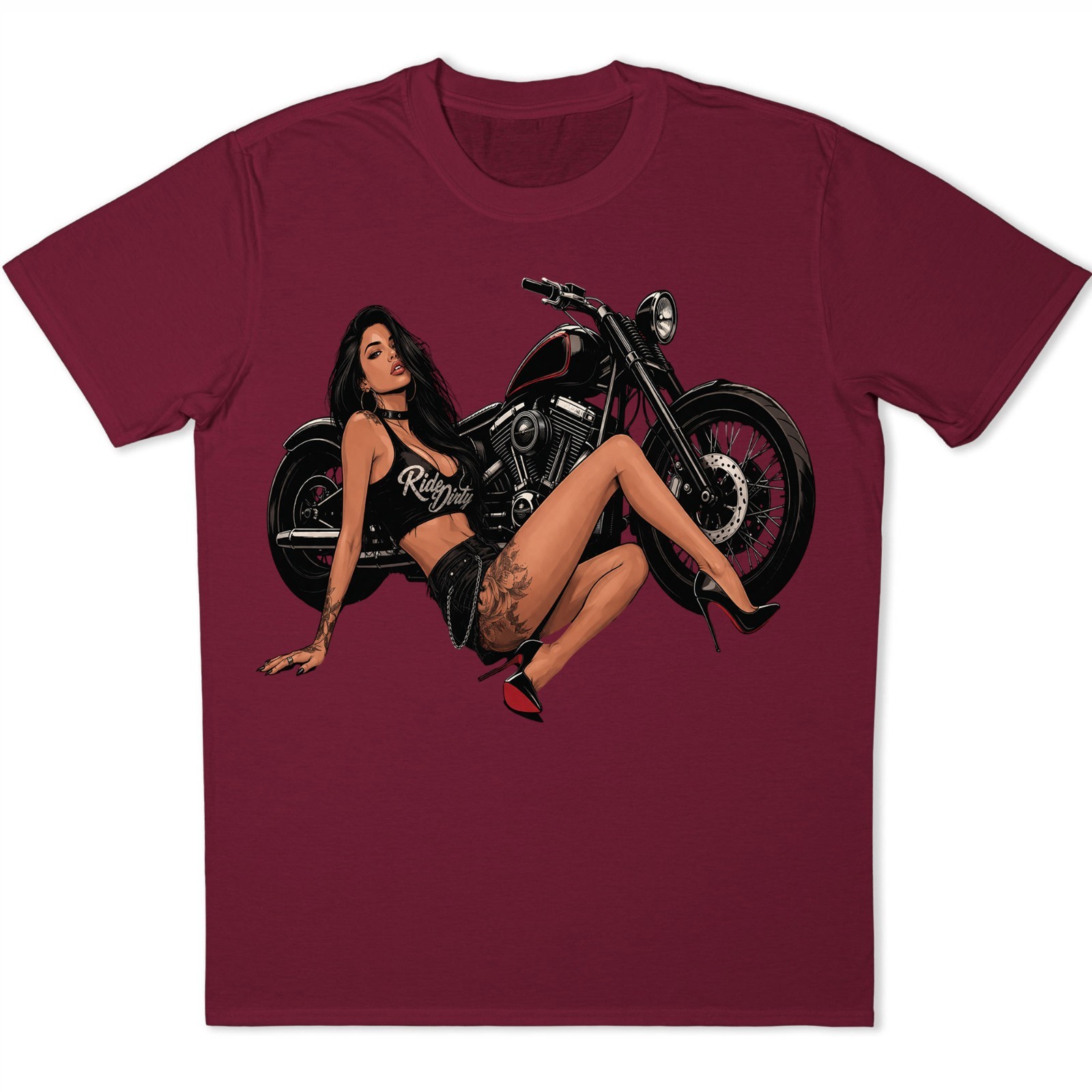 Ride Dirty Pinup Girl Biker T-Shirt Motorcycle Tattoo Babe Graphic Tee .