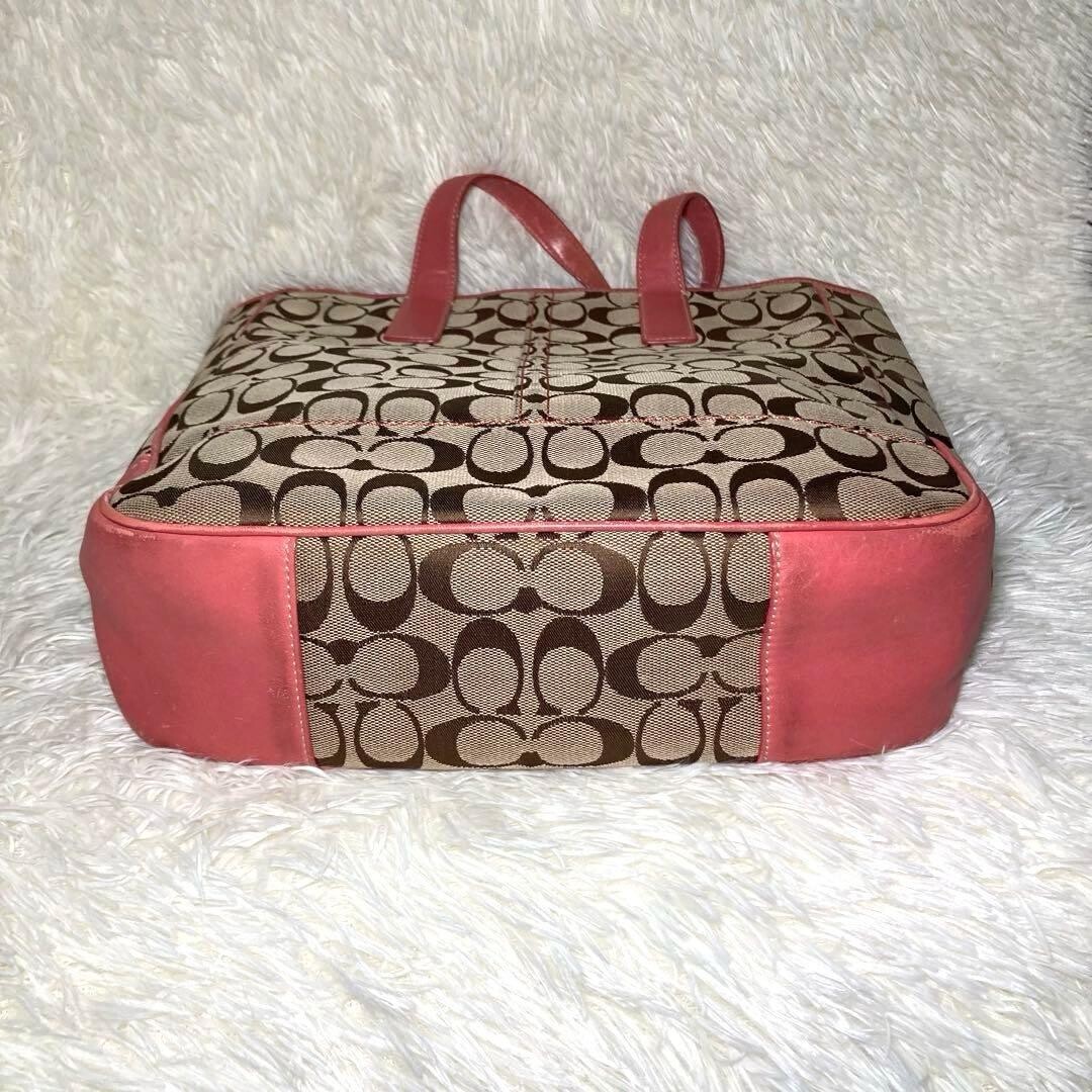 COACH Pink Brown Canvas Leather Tote Bag Logo Inner Pockets 11.8×12.6 in