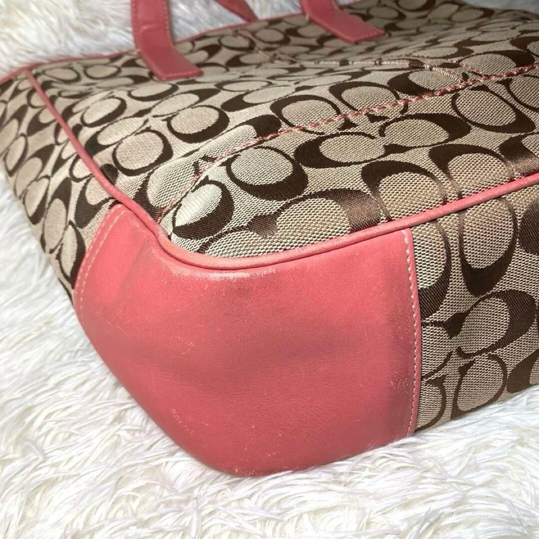 COACH Pink Brown Canvas Leather Tote Bag Logo Inner Pockets 11.8×12.6 in