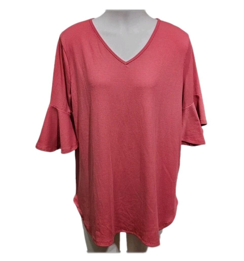 PERFECT PEACH Terracotta Rib Knit Ruffle Flutter Sleeve Top Large