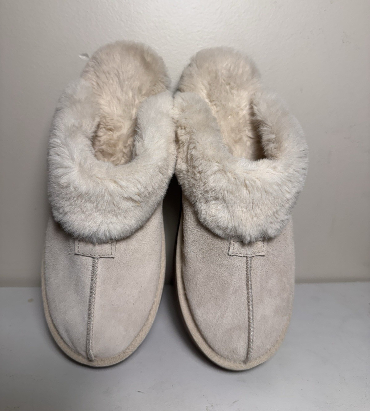 Joyspun Women’s Beige Faux Suede Mule Slippers Faux Fur Lined Slip-On 10