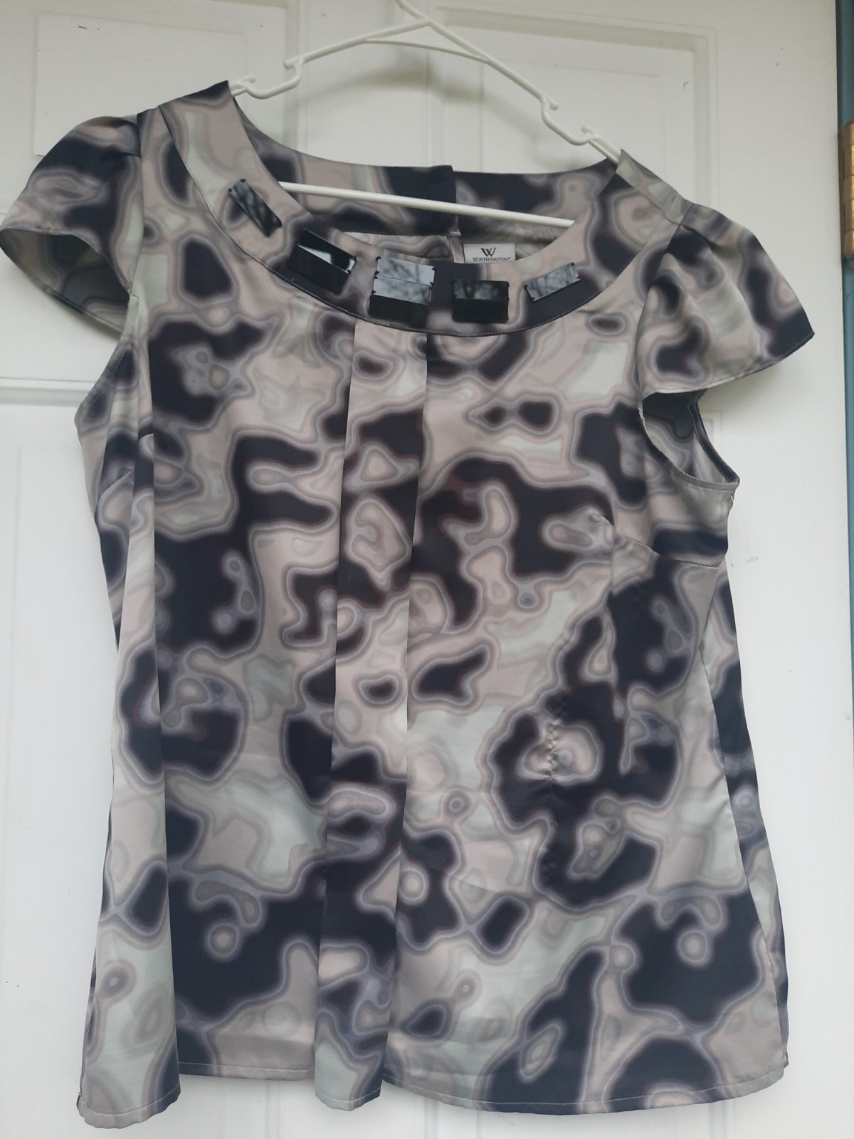 Worthing Womens Top Size XL Gray Disco Abstract Bead Detail Short Sleeve Career