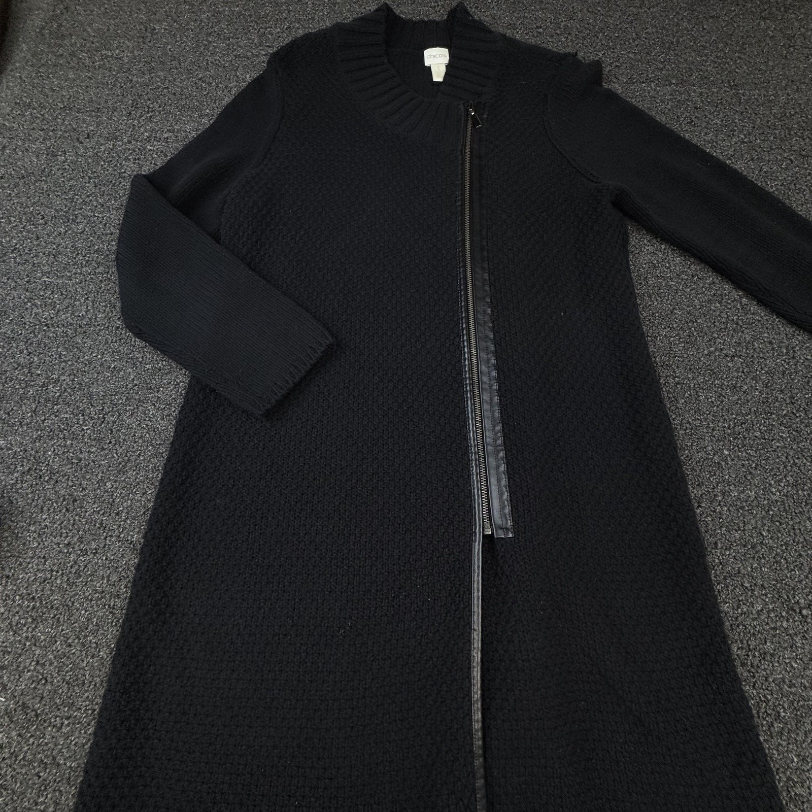 Chico’s Coatigan Womens 1 Black Long Collared Full Zip Knit Acrylic Blend