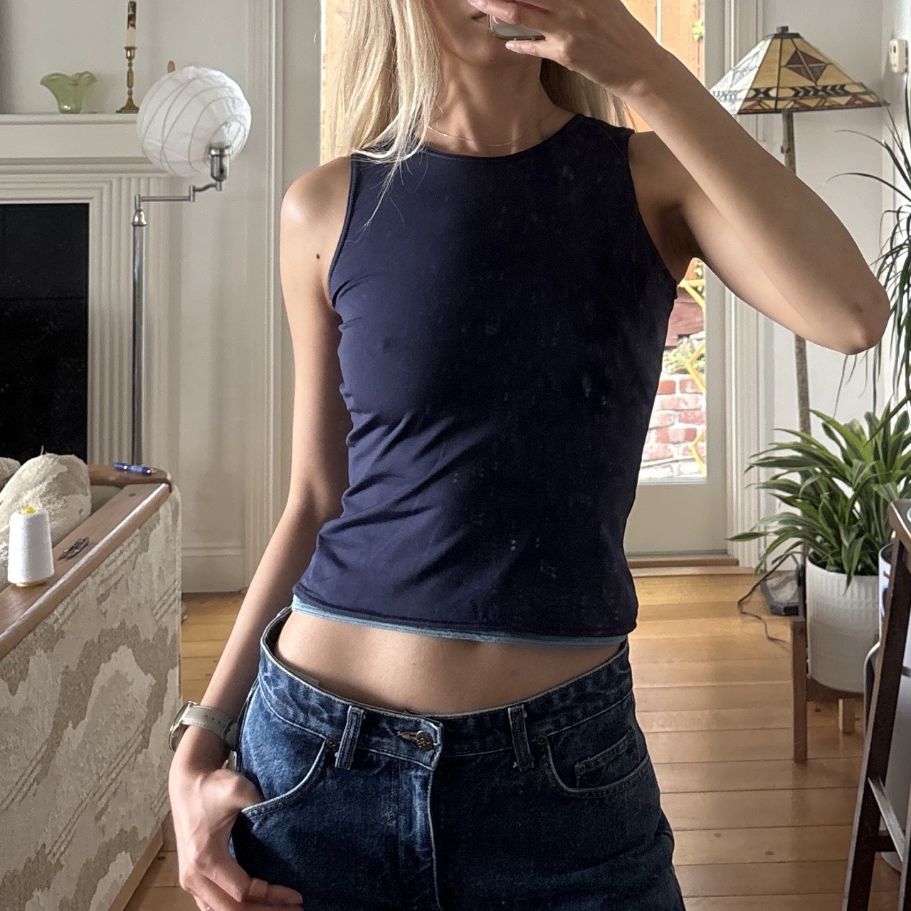 I.N.C. Navy Blue Solid Scoop Neck Jersey Tank Top Sleeveless Petite P