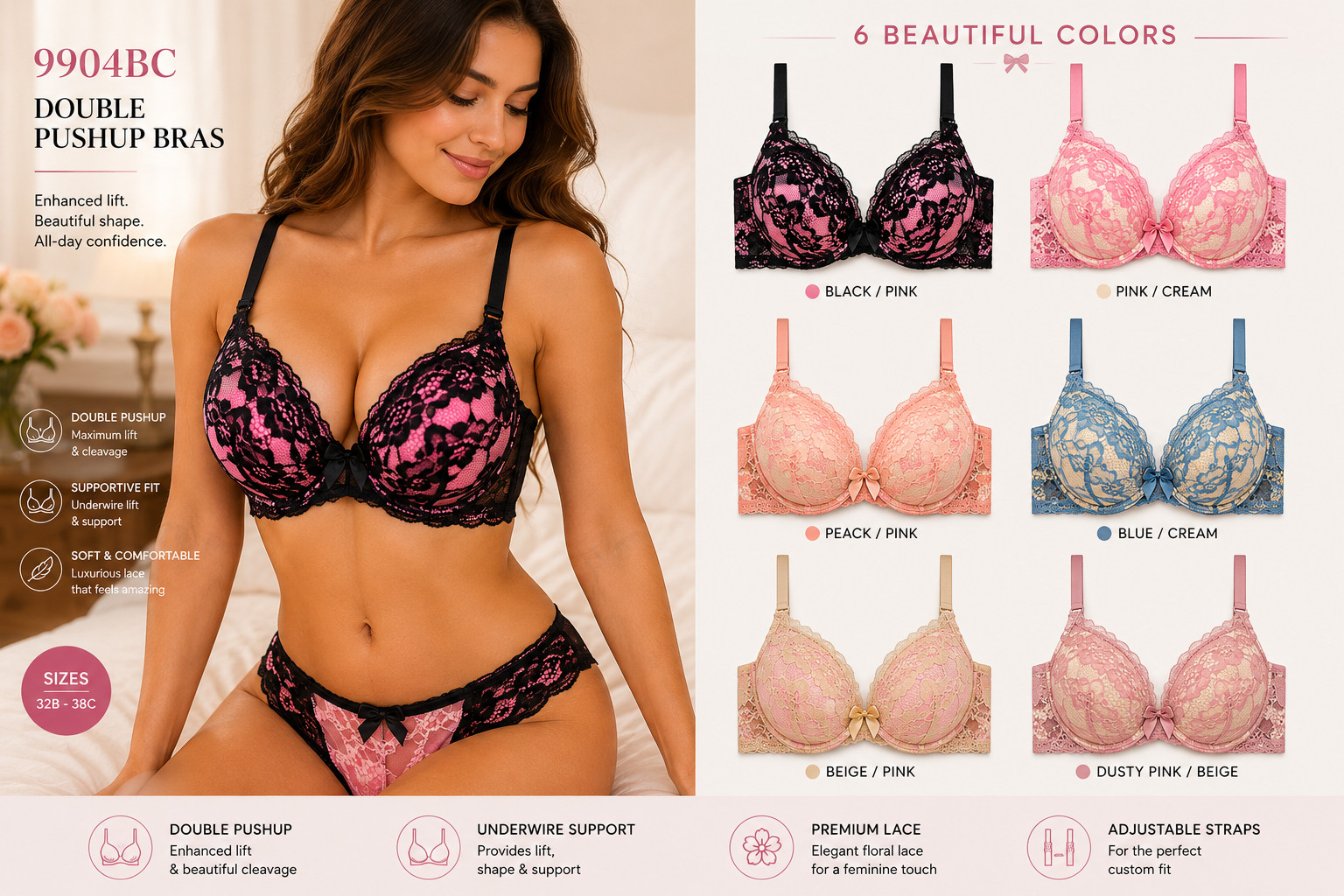 EXTREME DOUBLE PUSH UP Add 2 Cup Sizes Push-Up Bra Padded FREE RETURN 1,3 or 6pc