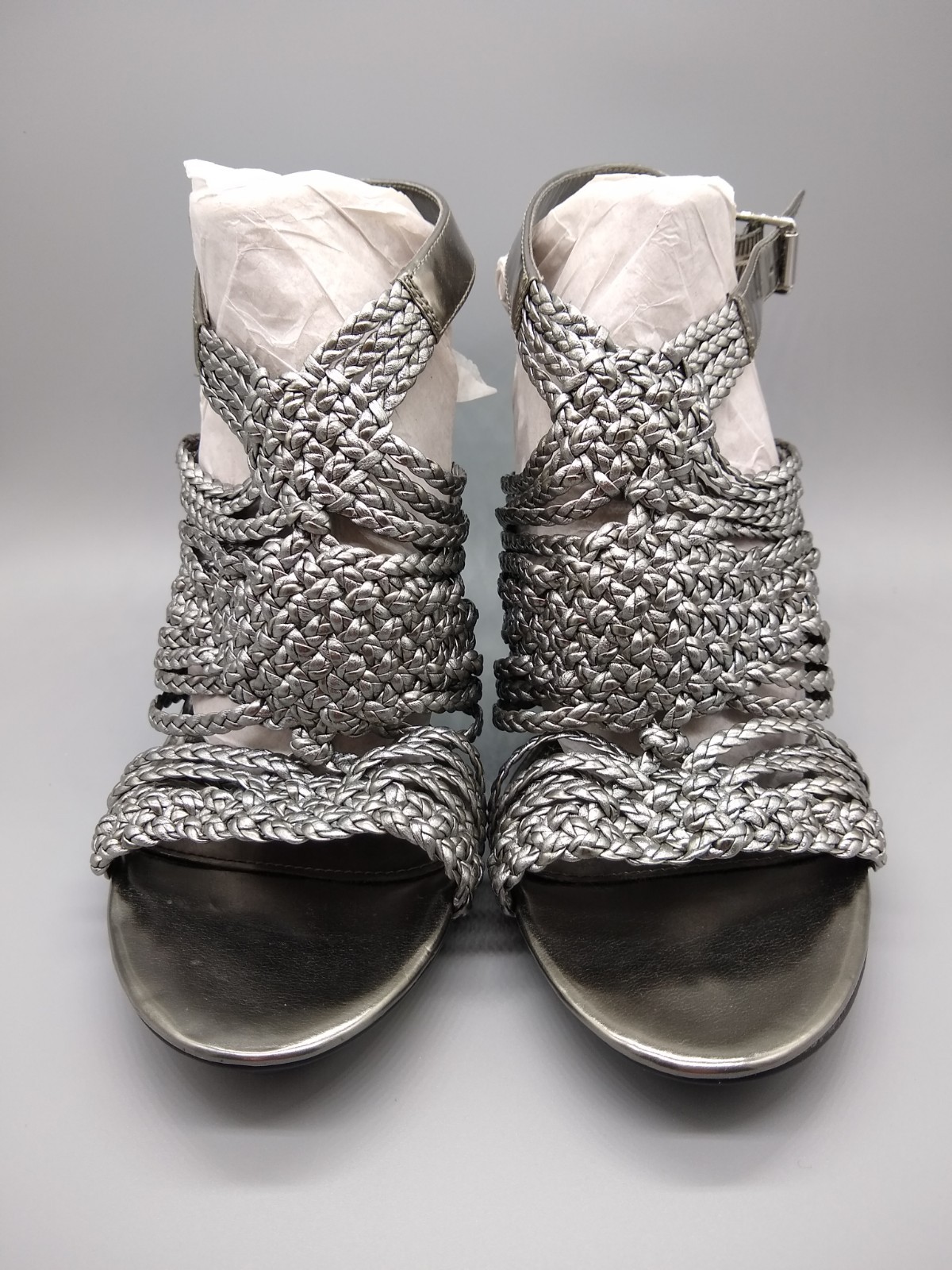 Ralph Lauren Silver Leather Braided High Heel Sandals Size 9B
