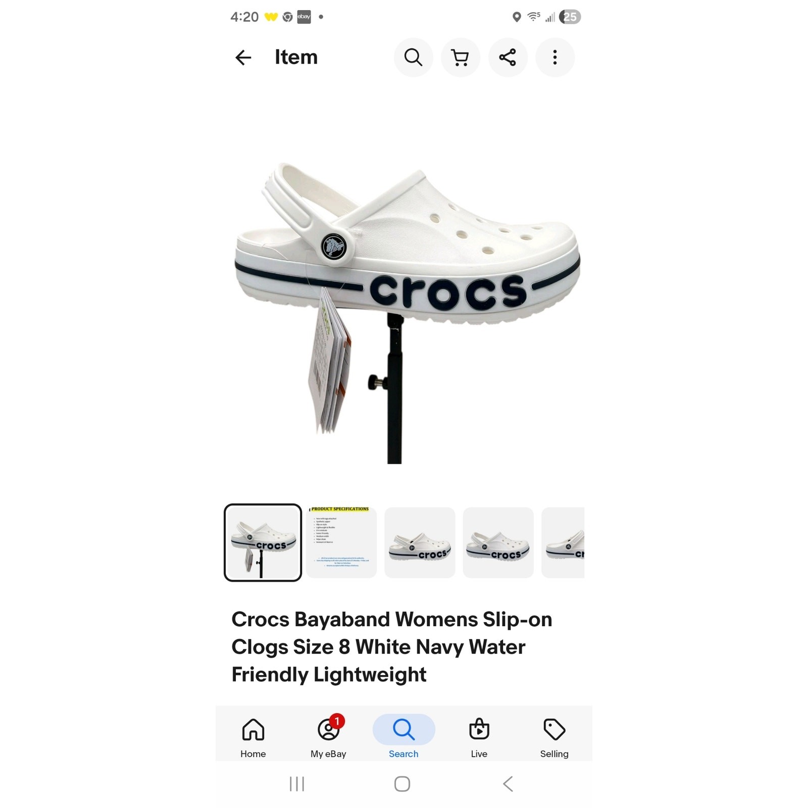 Crocs Bayaband Womens Slip-on Clogs Size 8 White Navy Water Friendly Lightweight