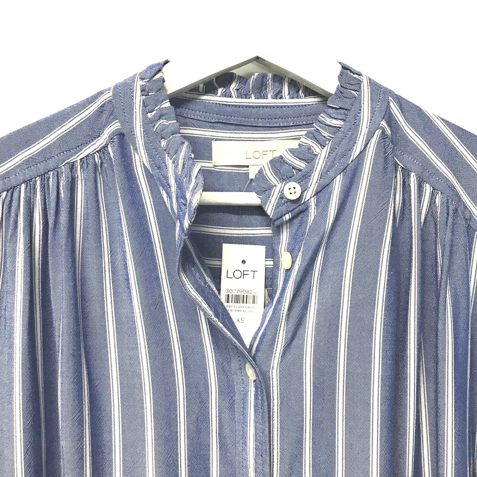 Loft Preppy Shirt Blouse Blue Striped Ruffle Trim Silky Rayon NEW XXS-XXL