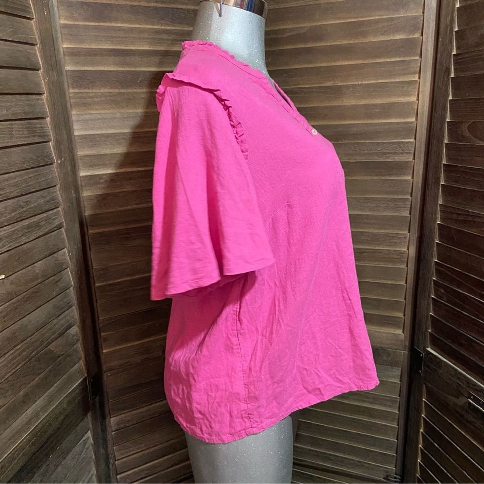 QVC Linen Candace Cameron Bure Blouse Top Size Medium Ruffle V-Neck Henley Pink
