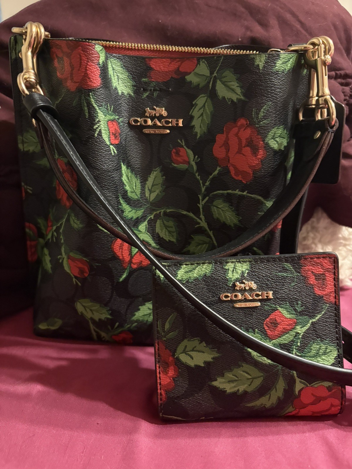 Coach Mollie Bucket Bag & Matching Wallet Signature Canvas Fairytale Rose Print
