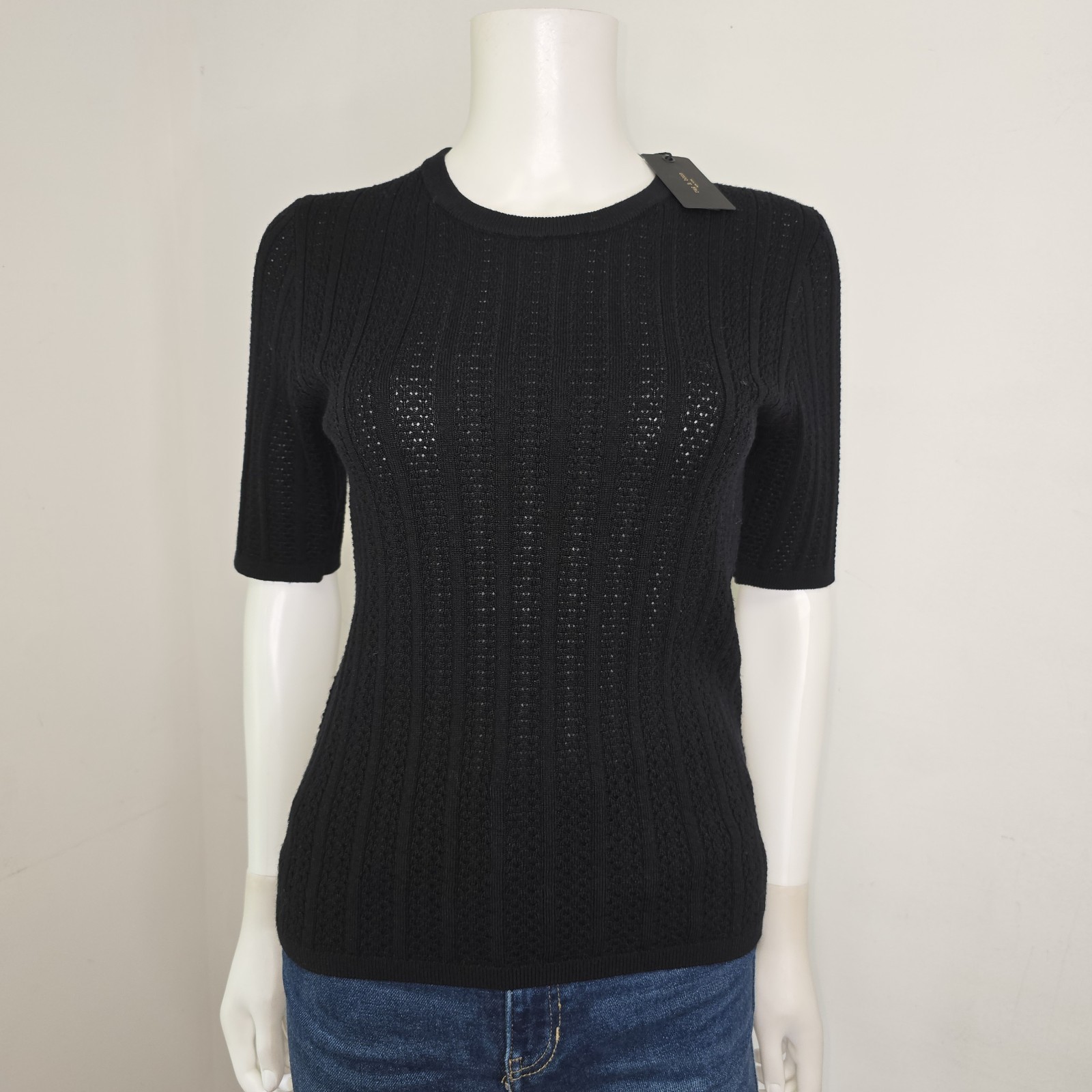 Rag & Bone Tina Short Sleeve Merino Wool Top Tee Size M Black Pointelle Knit NWT